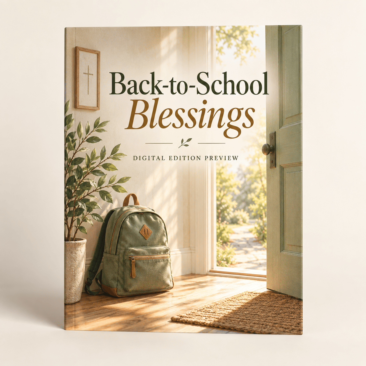 Digital cover with a small backpack beside a sunlit doorway and a sprig of leaves.