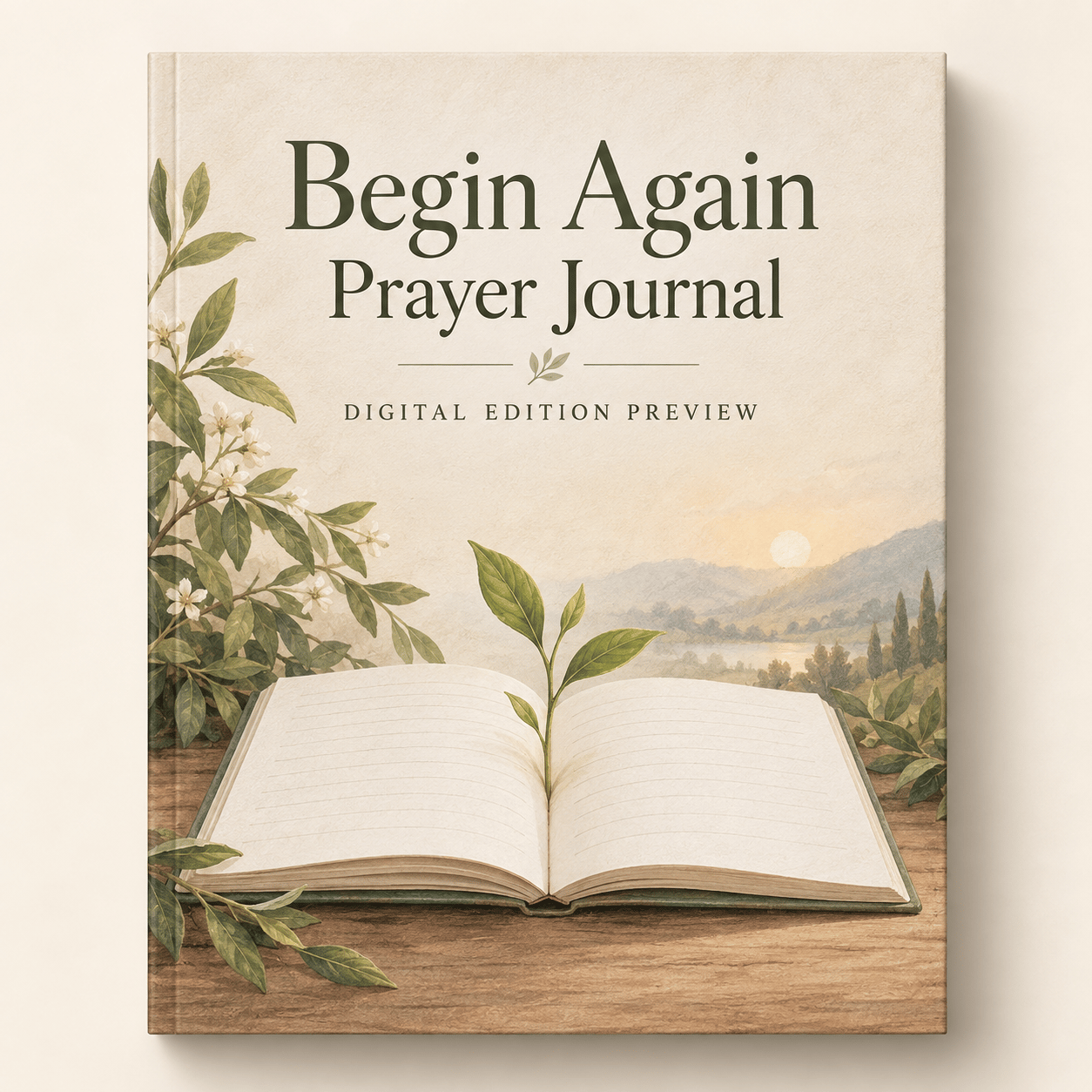 Open undated journal with a new green shoot.