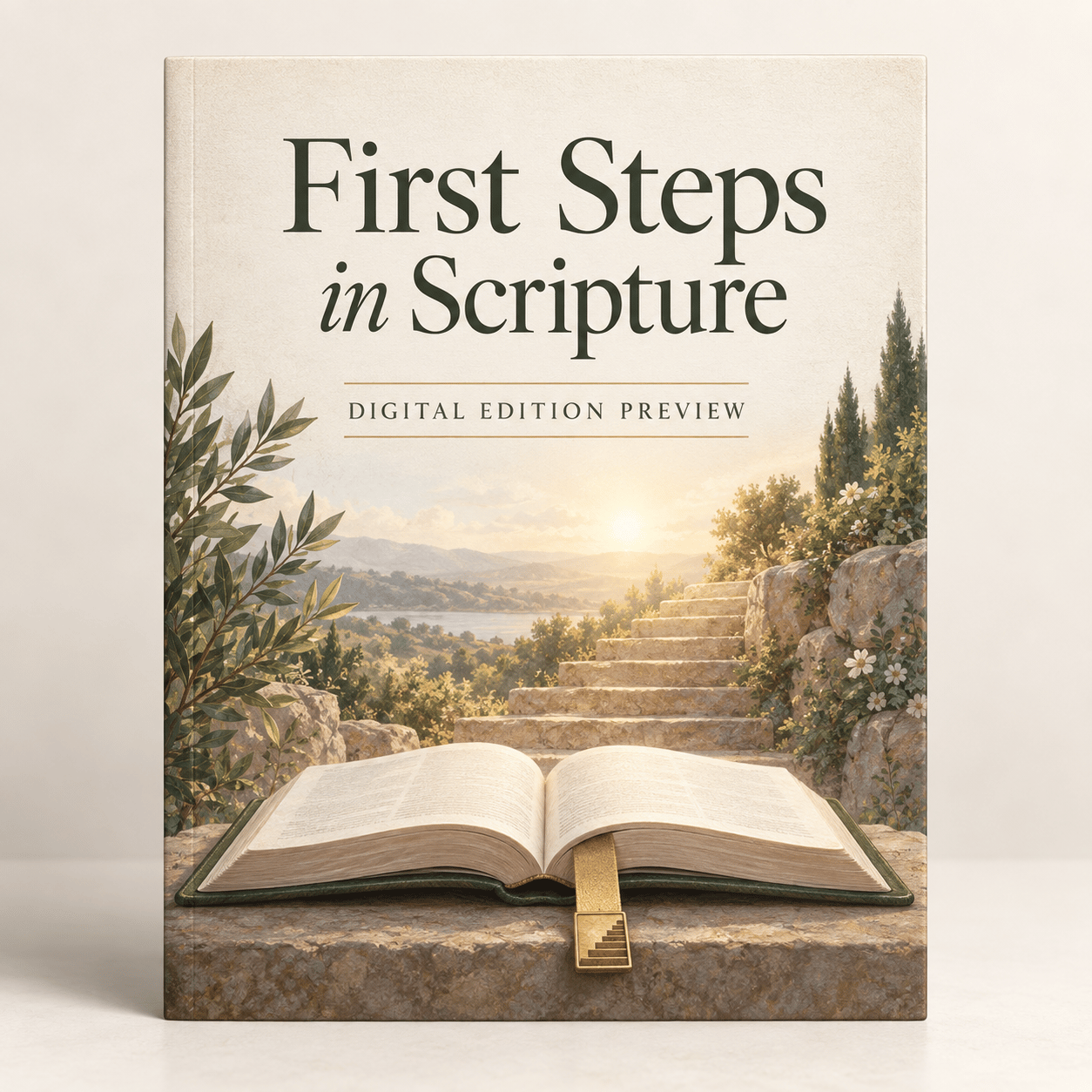 An open book, a small first-step bookmark, and sunlit stairs