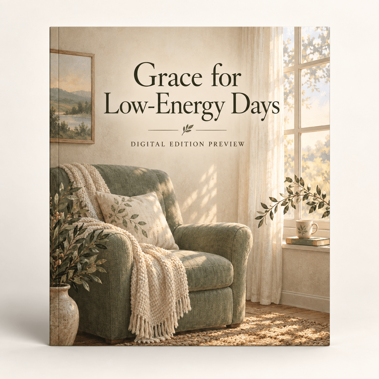 A comfortable chair beside a softly lit window and a resting branch.