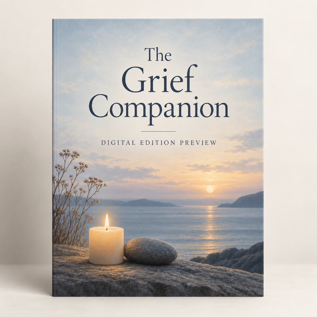 A small candle and smooth stone beneath a quiet blue horizon.