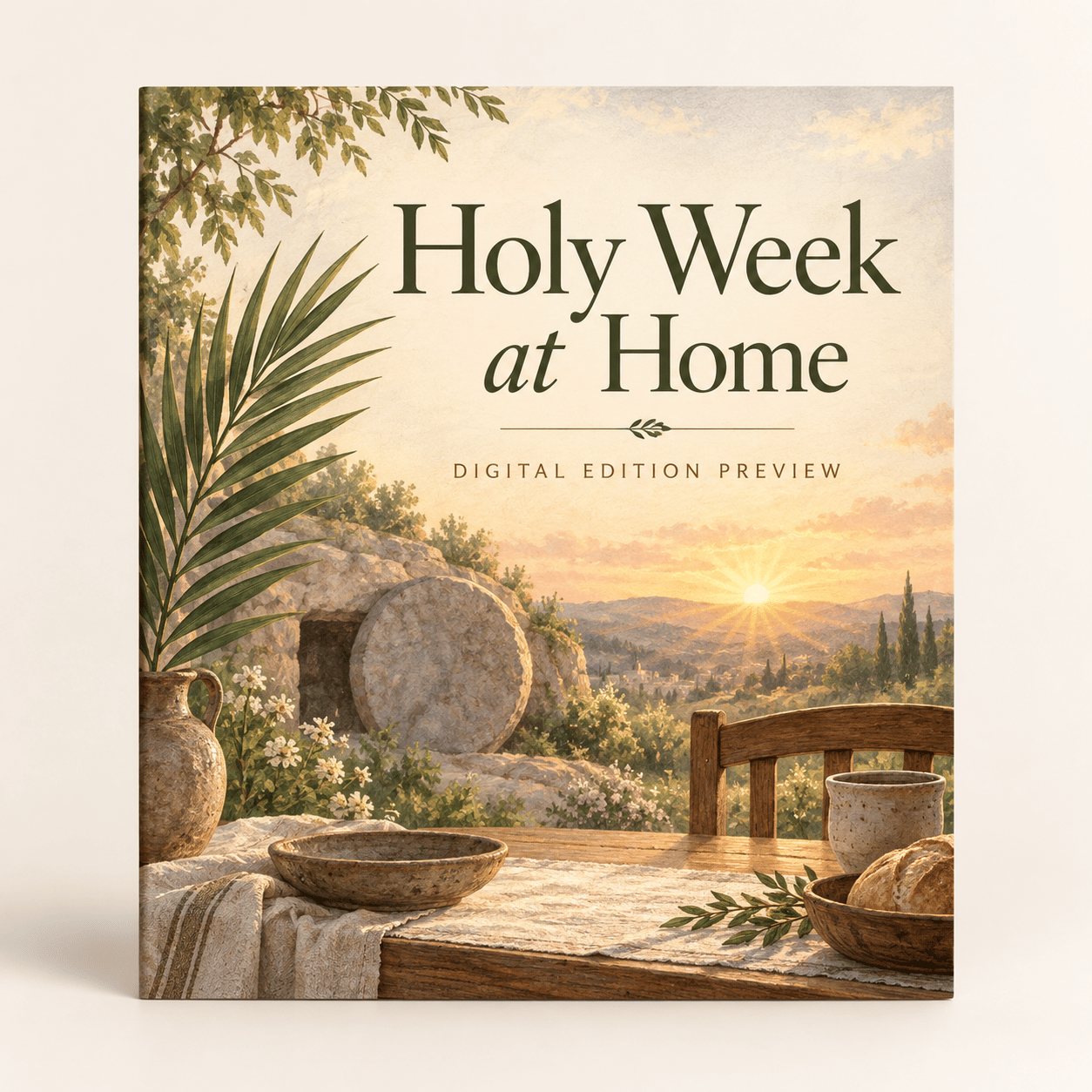 Digital cover with a palm branch, a round stone, and a warm sunrise over a family table.