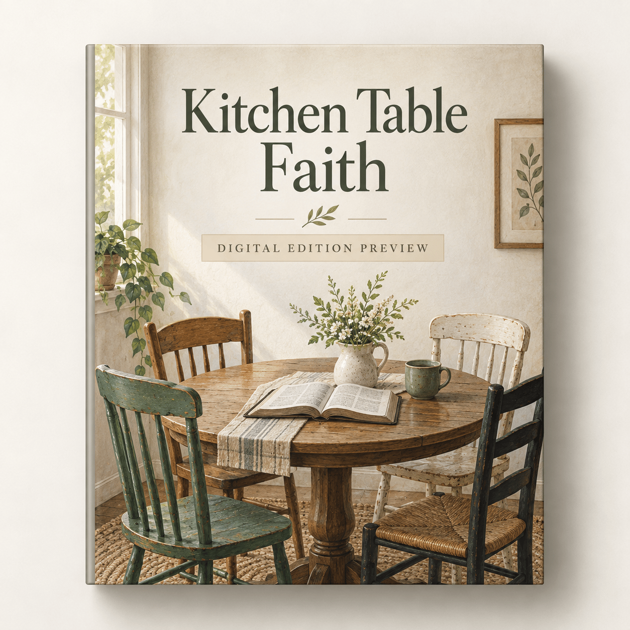 Digital cover showing a round kitchen table, an open book, and four mismatched chairs.