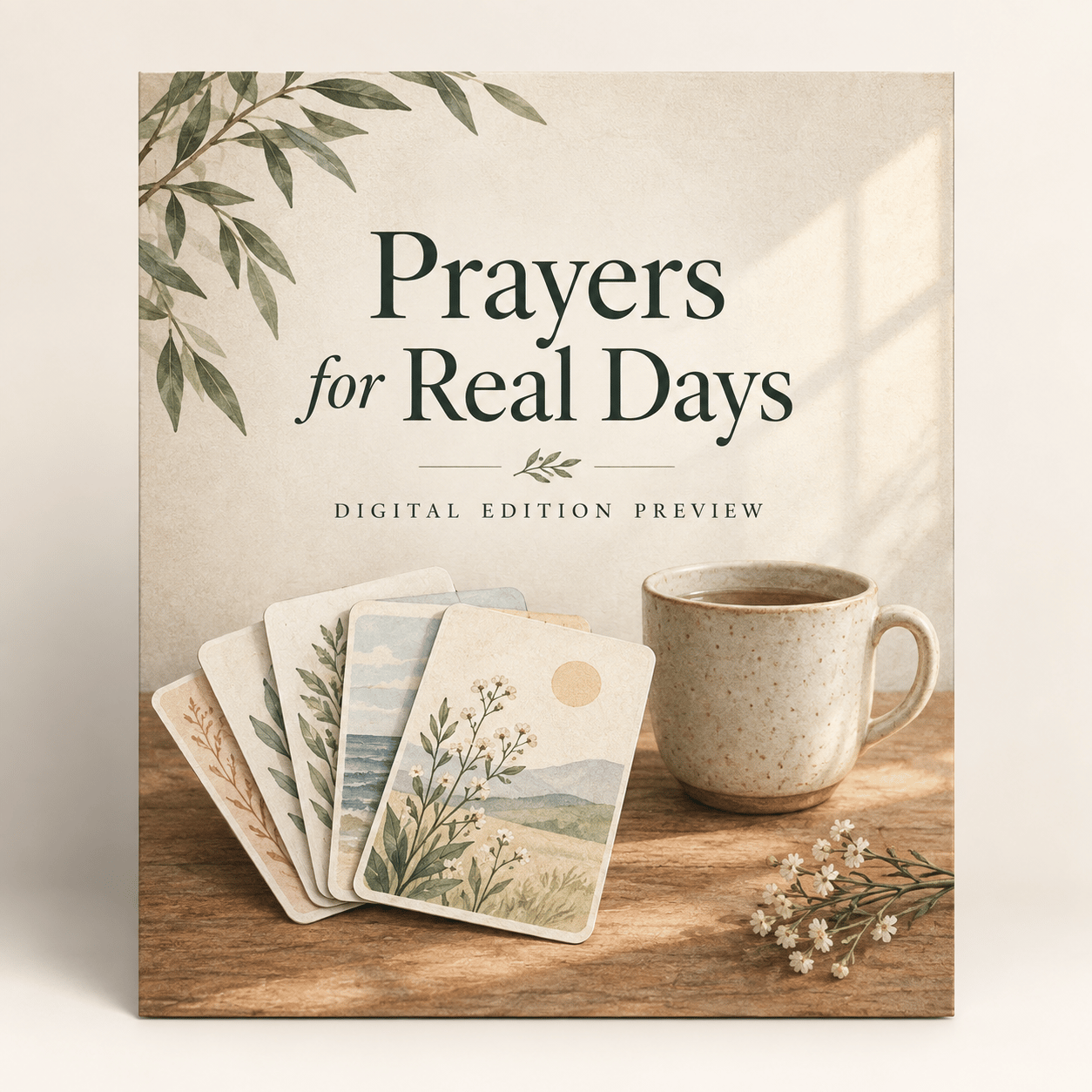 Prayer cards fanned out beside a ceramic cup.