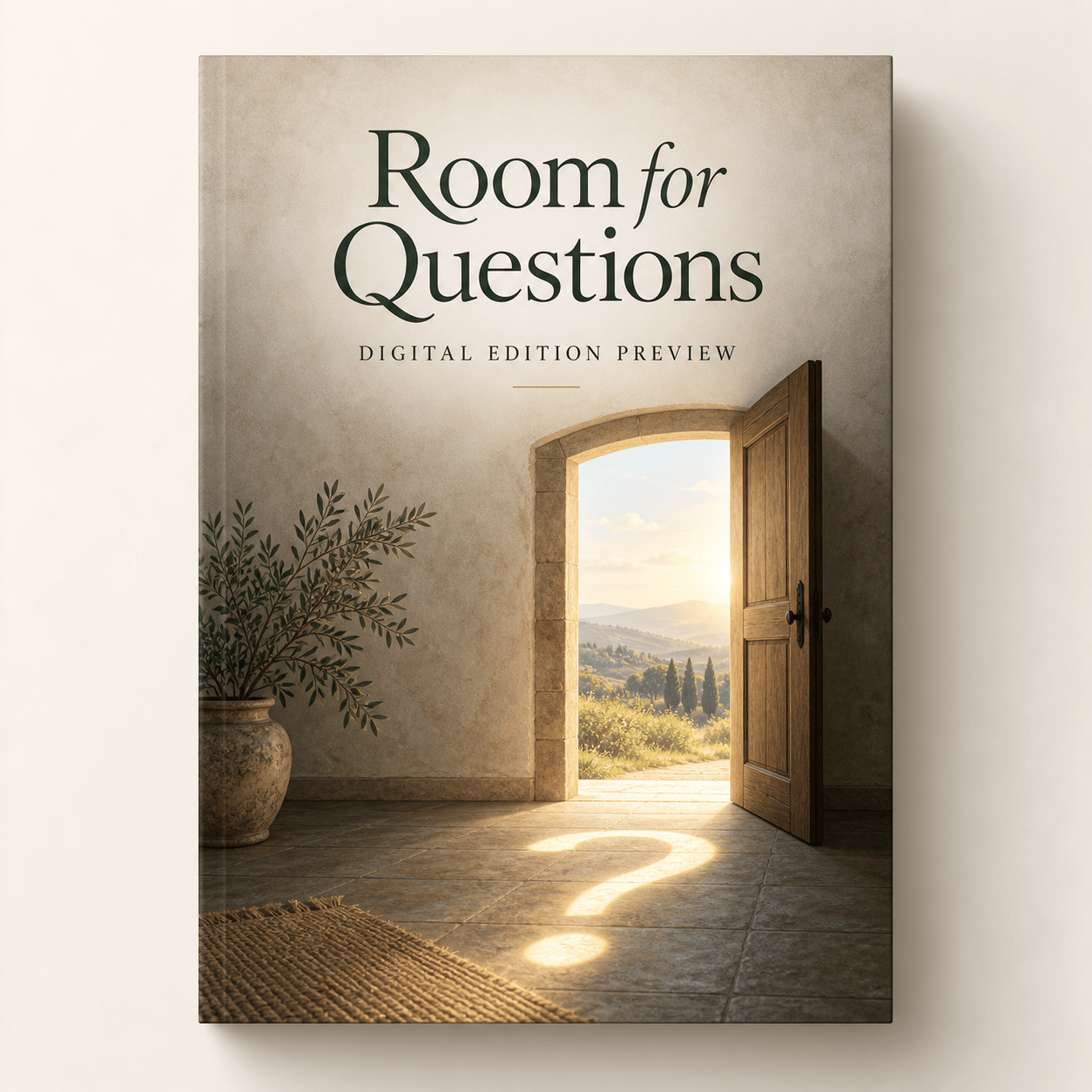 An open door beside a small question-shaped trail of light