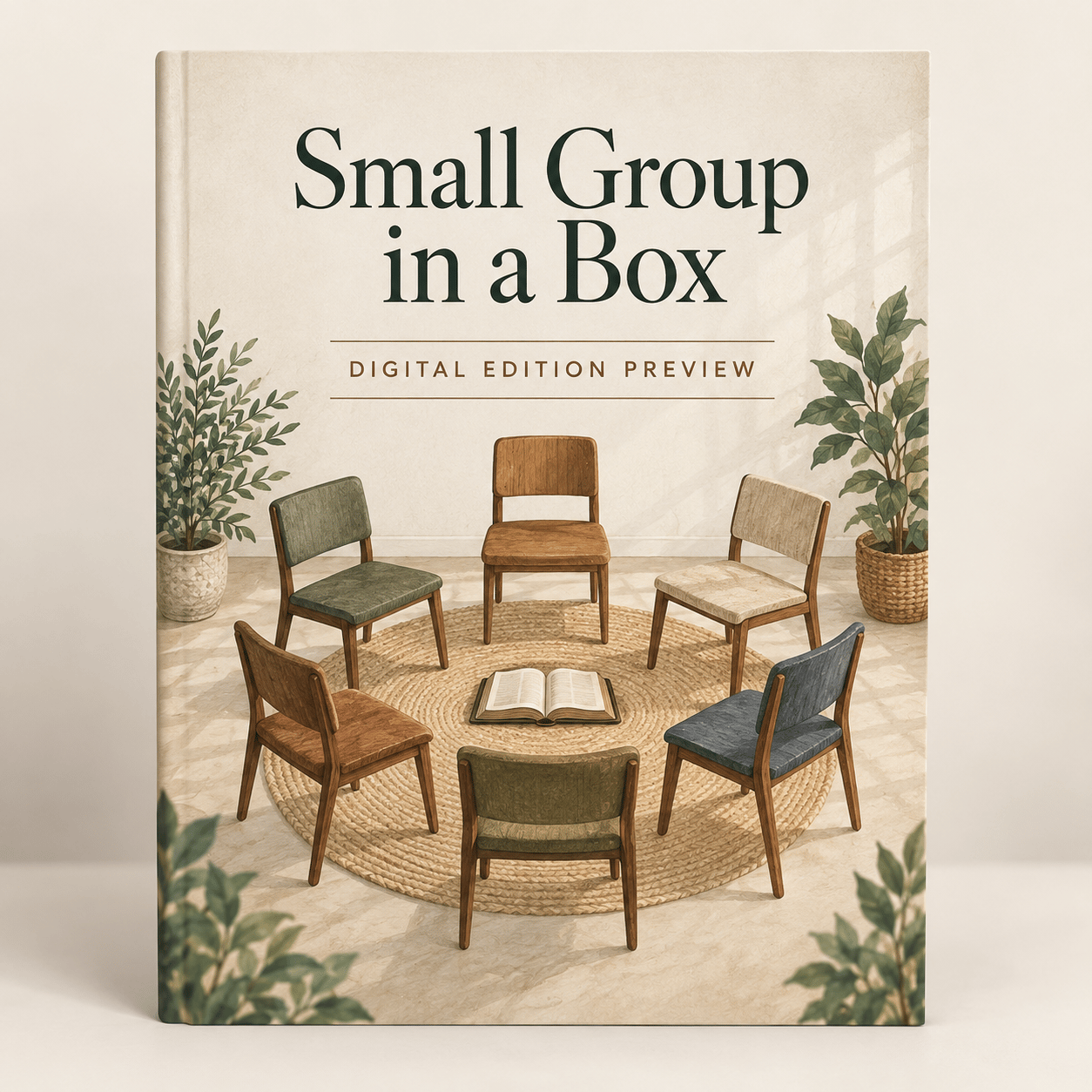 Simple chairs arranged in a circle around an open book.