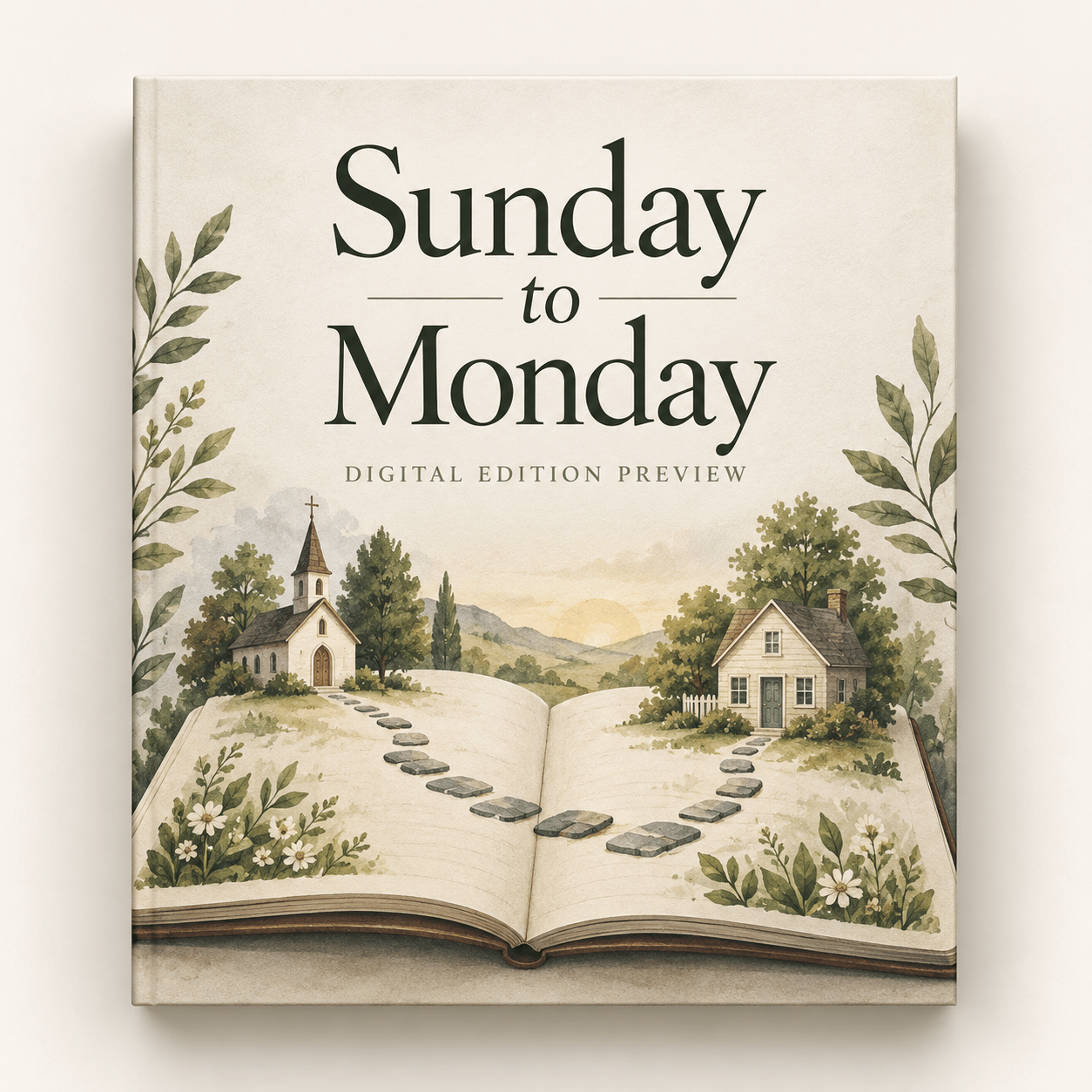 An open notebook and stepping stones leading from a small chapel towards a home.