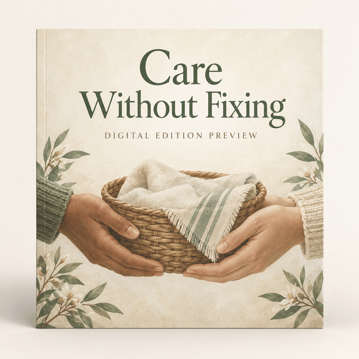 Two hands holding a woven basket with a folded cloth inside.