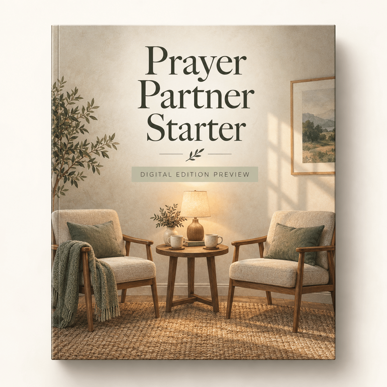 Two chairs, two cups, and a warm lamp beside a small table